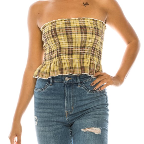 Women's Smocked Strapless Yellow Plaid Tube Top - Picture 1 of 4